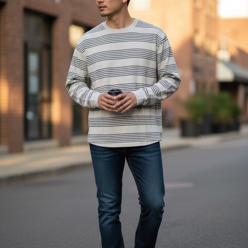 Gap Heather Grey & Navy Blue Stripe Crewneck Long Sleeve Thermal Top Size XLarge